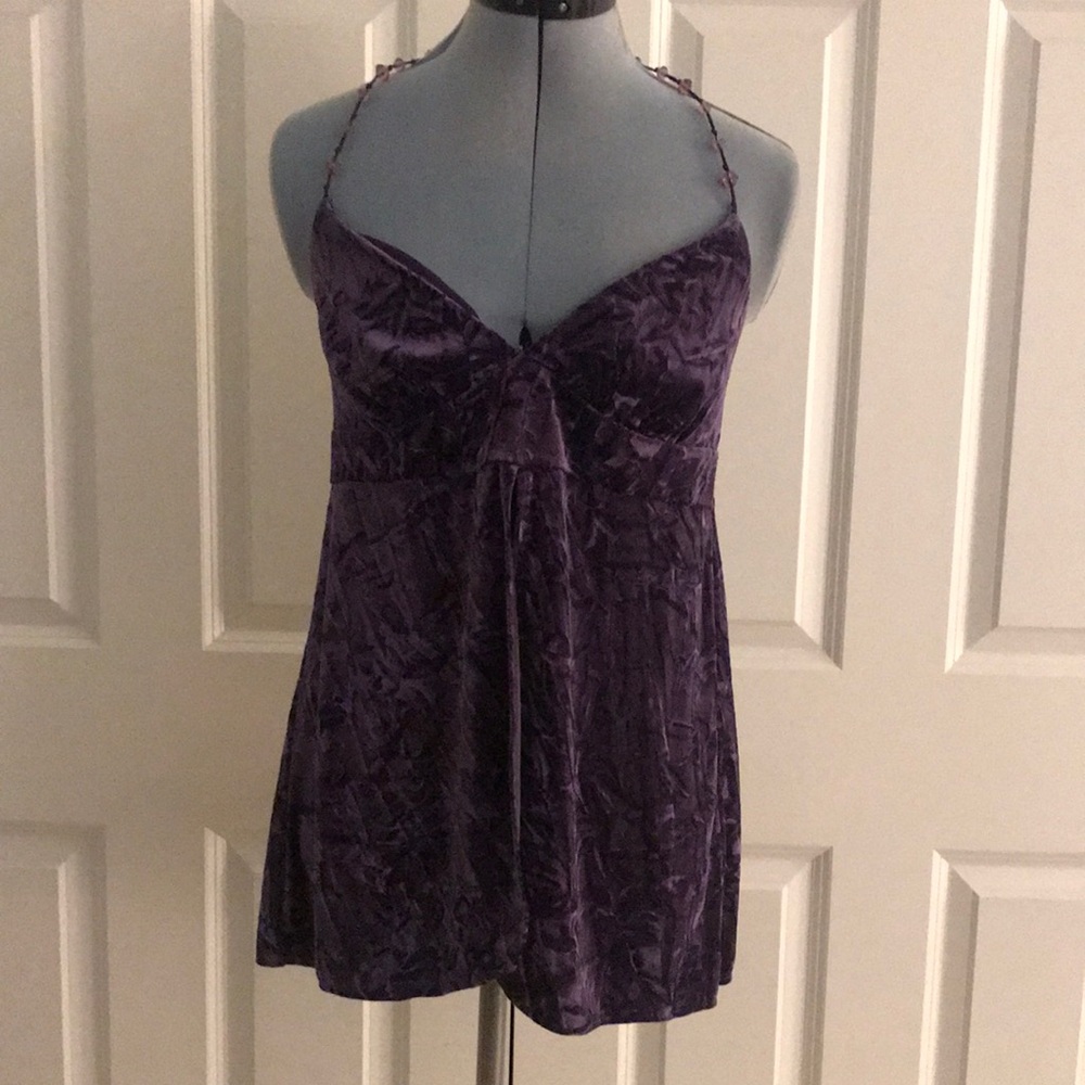 Victoria’s Secret Boho Purple Crushed Velvet Camisole Halter Top w/ Beaded Tie M